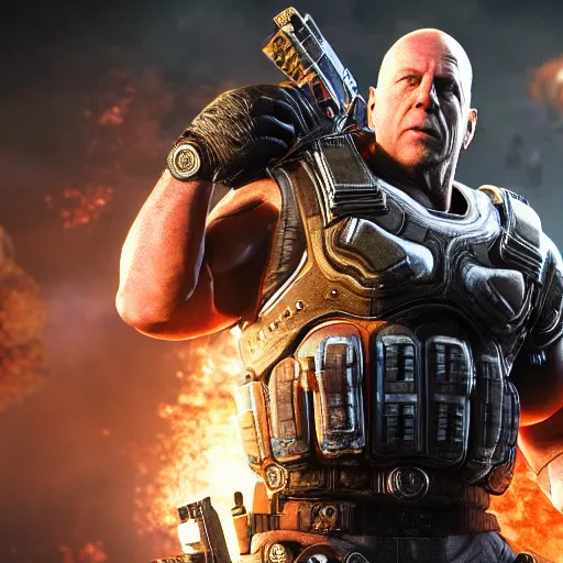 Image similar to Bruce Willis as a buffed gears of war 4 videogame character, undertailed, 8k render,