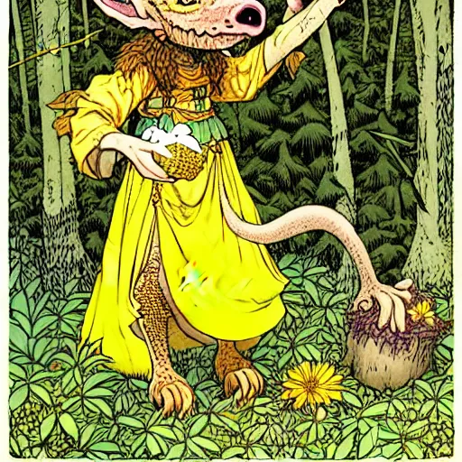 Prompt: A cute yellow-scaled Kobold-girl Herbalist collecting flowers in the forest. Absurdly-detailed fantasy character illustration by Rebecca Guay and Wayne Reynolds