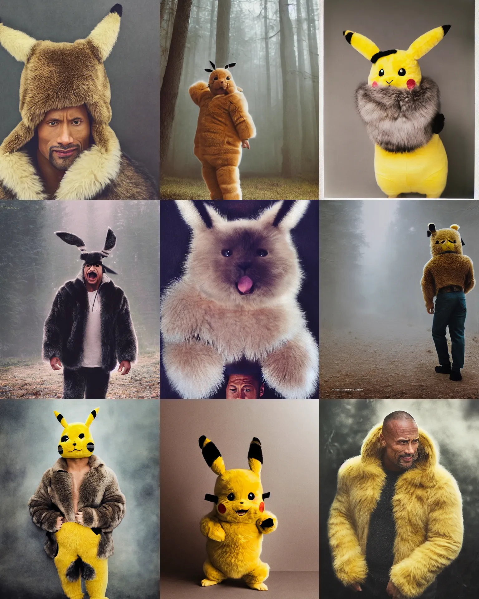 Image similar to Dwayne Johnson wearing pikachu fur costume with big ears , Cinematic focus, Polaroid photo, vintage, neutral colors, soft lights, foggy, mist, by Steve Hanks, by Serov Valentin, by lisa yuskavage, by Andrei Tarkovsky