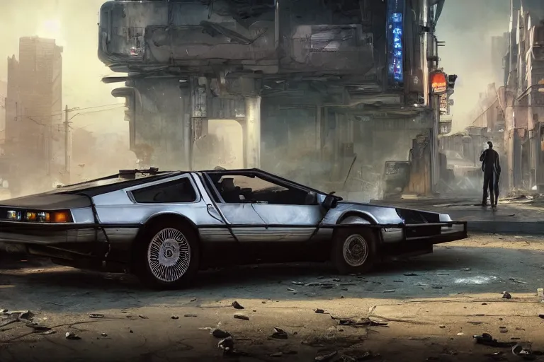 Image similar to highly detailed photorealistic rendering of a delorean parked on the streets of a cyberpunk abandoned city with the door open, futuristic post - apocalyptic vibe, by greg rutkowski and stanley artgerm and alphonse mucha, octane, sharp focus, hyperrealistic, unreal engine 5, vray, masterpiece