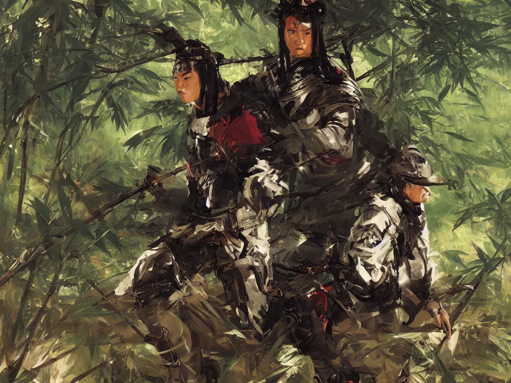 Image similar to a wandering samurai in full armor sitting in a dark bamboo forest, by huang guangjian and gil elvgren, sachin teng, greg manchess