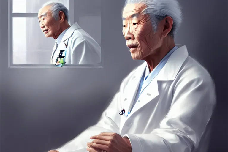 Image similar to a elegant and beautiful female doctor in a white coat, a chinese old man in wheelchair, cinematic, highly detailed, digital painting, artstation, concept art, matte, sharp focus, illustration, art by artgerm and greg rutkowski