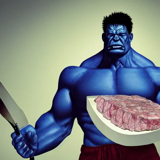 Image similar to a blue hulk holding a giant meat cleaver, blue skin, muskular, artwork, cinematic, mystic, highly detailed