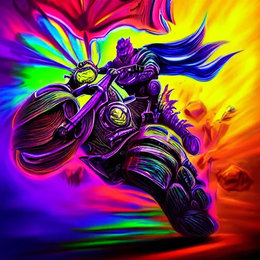 Image similar to psychedelic blacklight airbrush artwork, hyper stylized action shot of a menacing orc riding a motorcycle, hyper detailed ultra sharp, colorful soft airbrushed artwork, black background, digital painting, smooth, sharp focus, cgsociety, artstation