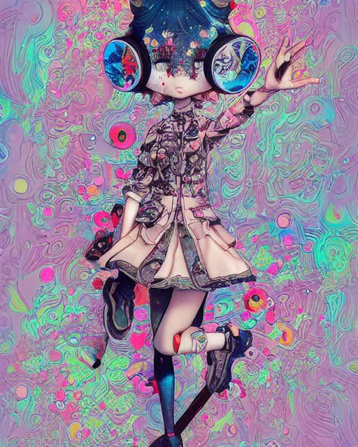 Image similar to james jean isolated deepdream vinyl figure harajuku style boy girl character design, figure photography, dynamic pose, holographic undertones, glitter accents on figure, anime stylized, accurate fictional proportions, high delicate defined details, ethereal lighting