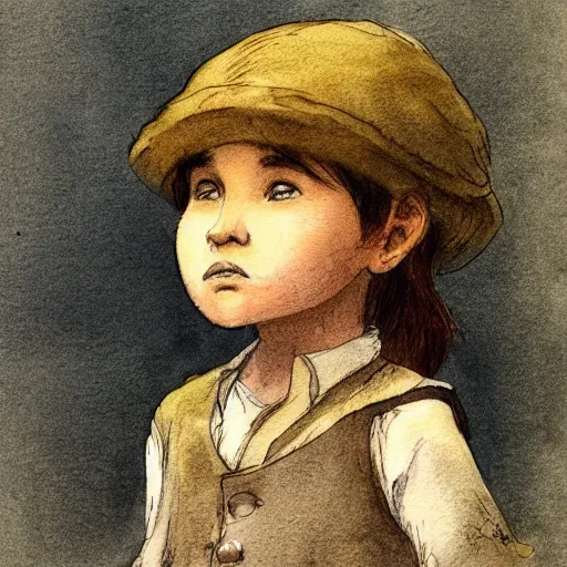 Prompt: portrait of a child standing and facing front looking strait ahead with a clear detailed face a muted color watercolor sketch of story book character ifrom the book Baltimore & Redingote by Jean-Baptiste Monge of an old man in the style of by Jean-Baptiste Monge that looks like its by Jean-Baptiste Monge and refencing Jean-Baptiste Monge