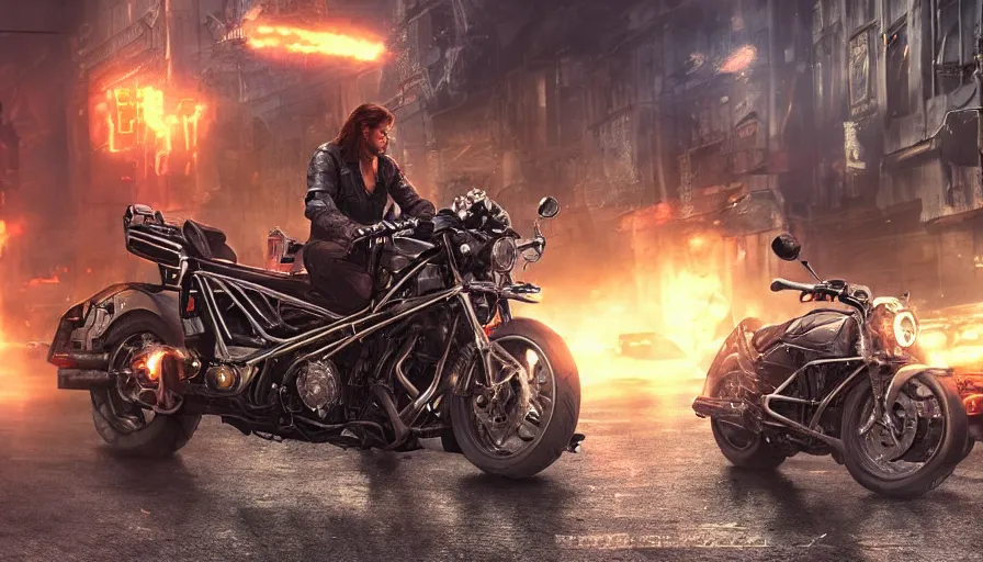 Image similar to a highly detailed epic cinematic concept art CG render digital painting artwork: powerful motorcycle design in the streets of fire movie 8k