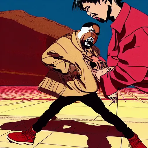 Prompt: Kanye West beating up Pete Davidson in Akira (1988), detailed, illustration, 8K concept art, cel shaded