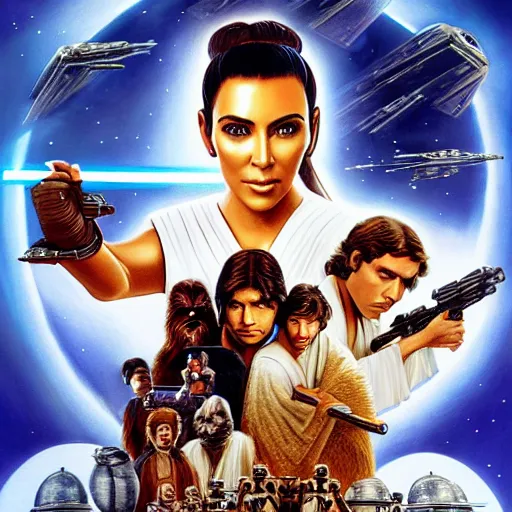 Image similar to super detailed star wars movie poster with Jesus Christ and kim kardashian, 8k full HD photo, cinematic lighting, anatomically correct, oscar award winning, action filled, correct eye placement,