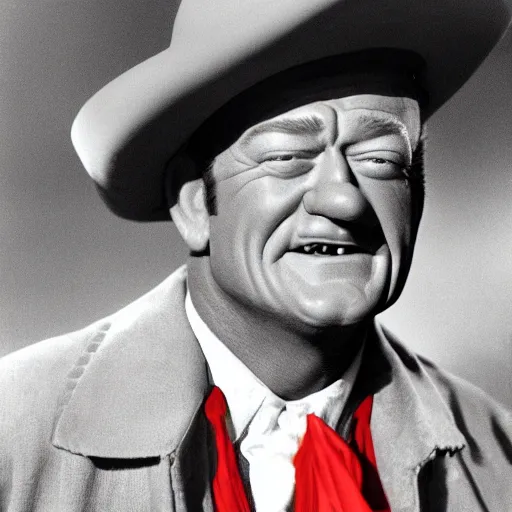 Prompt: john wayne with a red clown nose