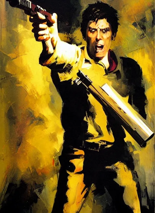Prompt: tobuscus pointing a gun, shooting, muzzle flash, enraged, painting by phil hale, 'action lines'!!!, graphic style, visible brushstrokes, motion blur, blurry