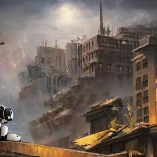 Image similar to a dog and a robot watching destroyed city from a rooftop, painting , beautiful, Concept art