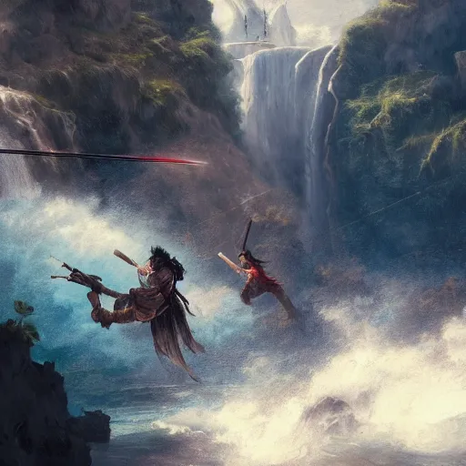 Image similar to two pirates having an intense sword fight in a rope bridge in front of a large waterfall, digital art, cinematic, vivid colors, elegant, sword duel, beautiful, epic, greg rutkowski, trending on art station