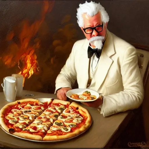 Image similar to colonel sanders eating many pizza, highly detailed painting by gaston bussiere, craig mullins, j. c. leyendecker, 8 k
