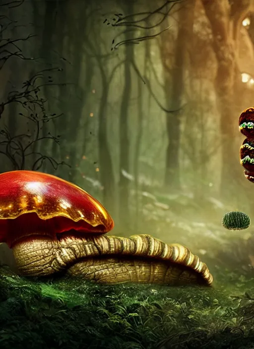 Image similar to portrait of an intricate mechanical caterpillar sitting on a mushroom in a magical forest. Very detailed 8k. Fantasy cyberpunk horror. Sharp. Cinematic post-processing