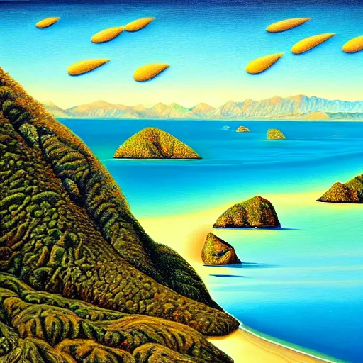 Image similar to tata islands, golden bay abel tasman new zealand, highly detailed, highly detailed fantasy ethereal surrealist art