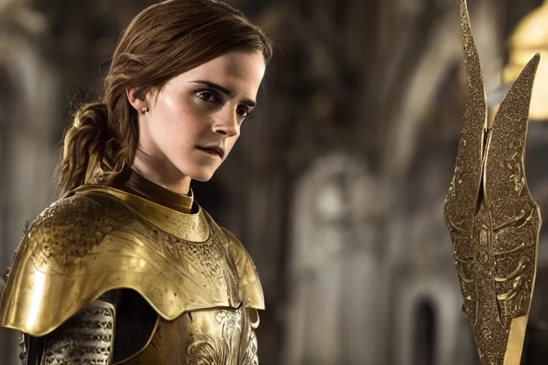 Image similar to promotional image of Emma Watson as Joan of Arc in the new movie directed by Ridley Scott, full suit of gilded plate armor, castle in the background, detailed face, movie still, promotional image, imax 70 mm footage