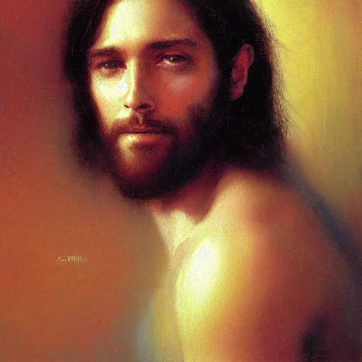 Image similar to Jesus portrait, thirst trap style, painting by Gaston Bussiere, Craig Mullins