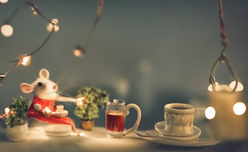 Image similar to mini cafe for mice diorama macro photography, ambient, atmospheric photograph, string lights, romantic