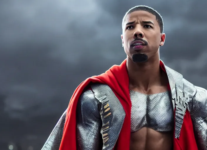Image similar to film still of michael b jordan as spawn in the new spawn movie, giant chains, large cape, 8 k