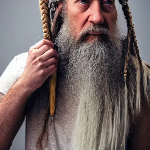 Prompt: gandalf with cornrow hair beads braids in beard