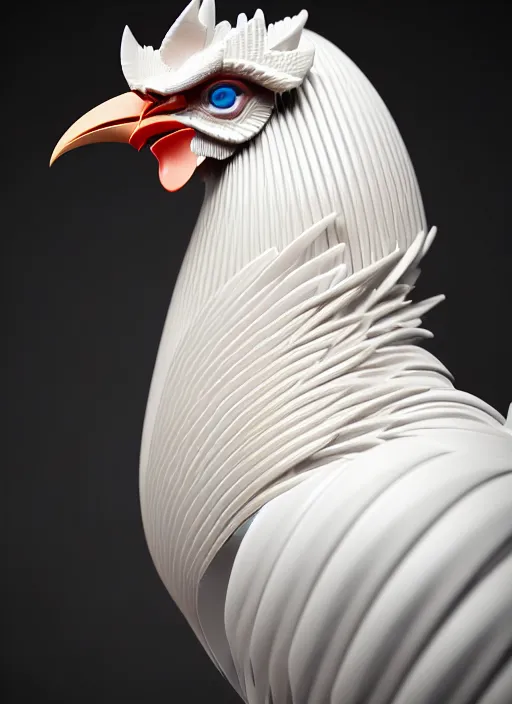 Image similar to hyper detailed ultra sharp portrait of a beautiful fashionable porcelain ivory cyberpunk scifi rooster, well contoured smooth colorful feathers, up close shot, sharp focus, global illumination, radiant light, black haute couture, alexandre ferra, irakli nadar, octane render, 4 k, ultra hd,