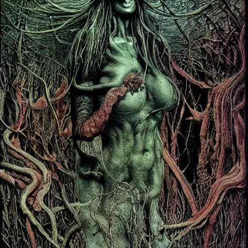 Prompt: the witch in the woods, fluid, smooth, organic, crazy, bright, colours, tumours, high contrast, sharpness, dramatic, very detailed, intricate, by giger and corben and moebius and beksinski and bosch and bacon