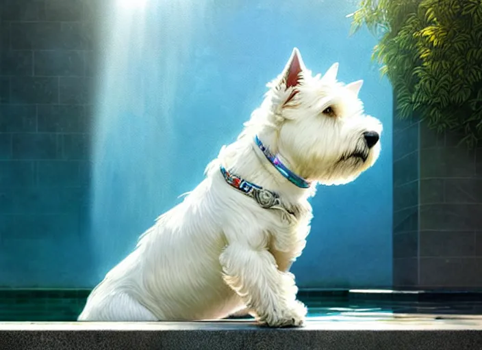 Prompt: west highland white terrier sitting by a pool, bright, reflections, intricate, sharp focus, lens flare, bloom, illustration, highly detailed, digital painting, concept art, matte, art by ruan jia and wlop and greg rutkowski, masterpiece