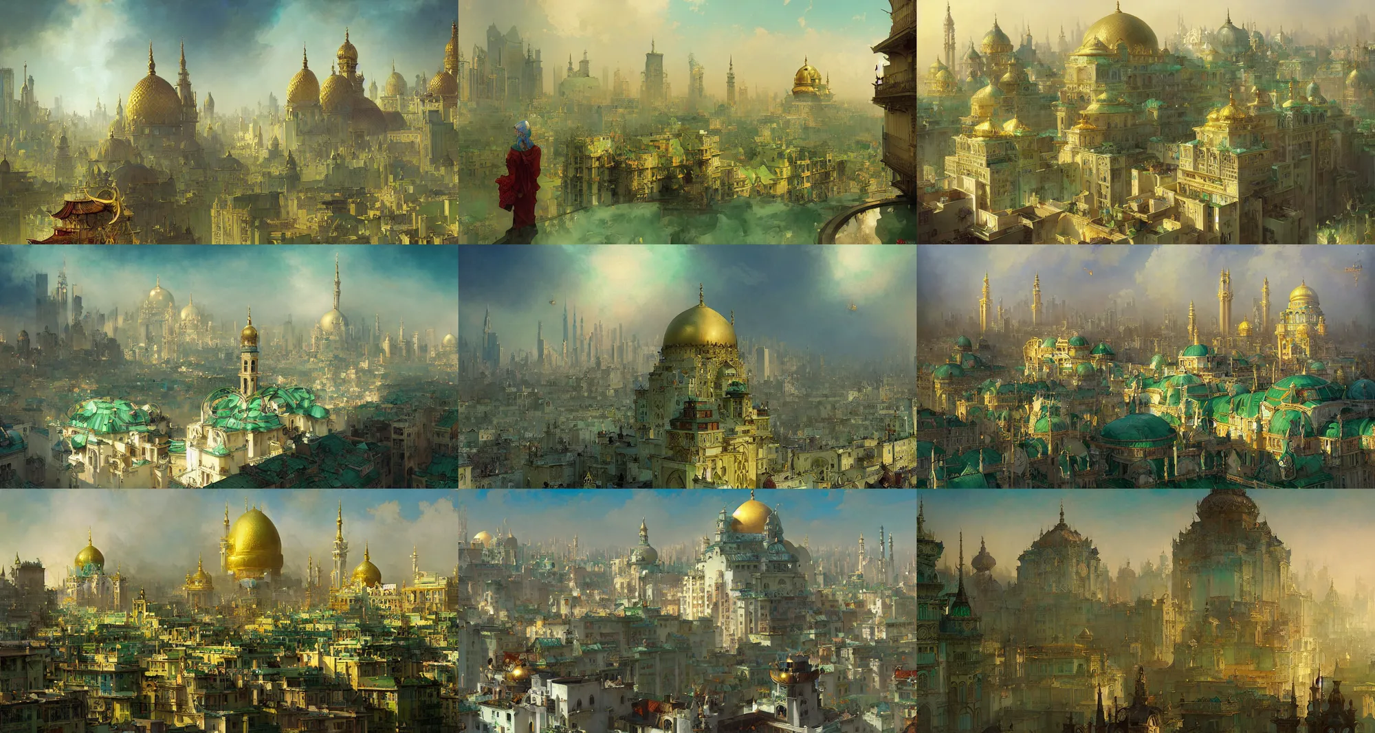 Prompt: green city, white buildings with golden roofs, islamic architecture, fantasy, art by joseph leyendecker, peter mohrbacher, ivan aivazovsky, ruan jia, reza afshar, marc simonetti, alphonse mucha