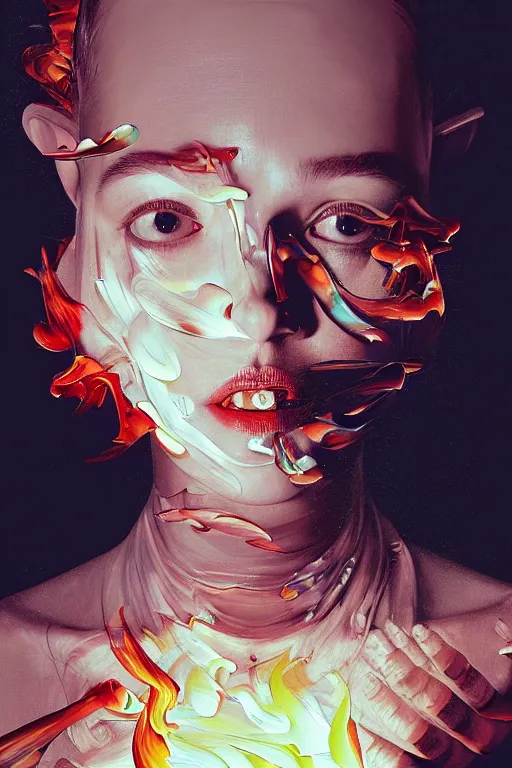 Prompt: 3 d, close - up, fashion model, flame, poster art, intricate oil painting, high detail, figurative art, multiple exposure, poster art, 3 d, by stanley kubrick and tooth wu and wlop and beeple