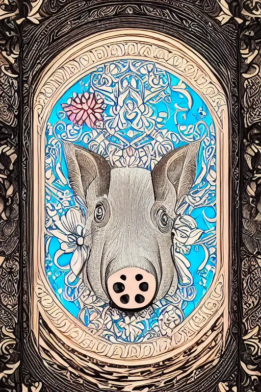 Image similar to Painted dark-wood panel relief carving of a close up of a Flowerpunk Piglet, White and pale blue toned, ornate border frame, explosion of colorful flowers, dark wood, intricately carved, black ink, festival of rich colors, intricate details, cinematic lighting, volumetric lighting, post-processing, art nouveau, tarot, fractal art, mandala, by andreas rocha and john howe, and Martin Johnson Heade, featured on artstation, featured on behance, golden ratio, hyper detailed, photorealistic, epic composition, center spotlight, f32, well composed, symmetrical, UE5, 8k