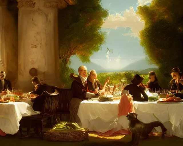 Image similar to an oil painting of victorian dinner, a digital painting by thomas cole, cgsociety, metaphysical painting, 2 d game art, storybook illustration, detailed painting