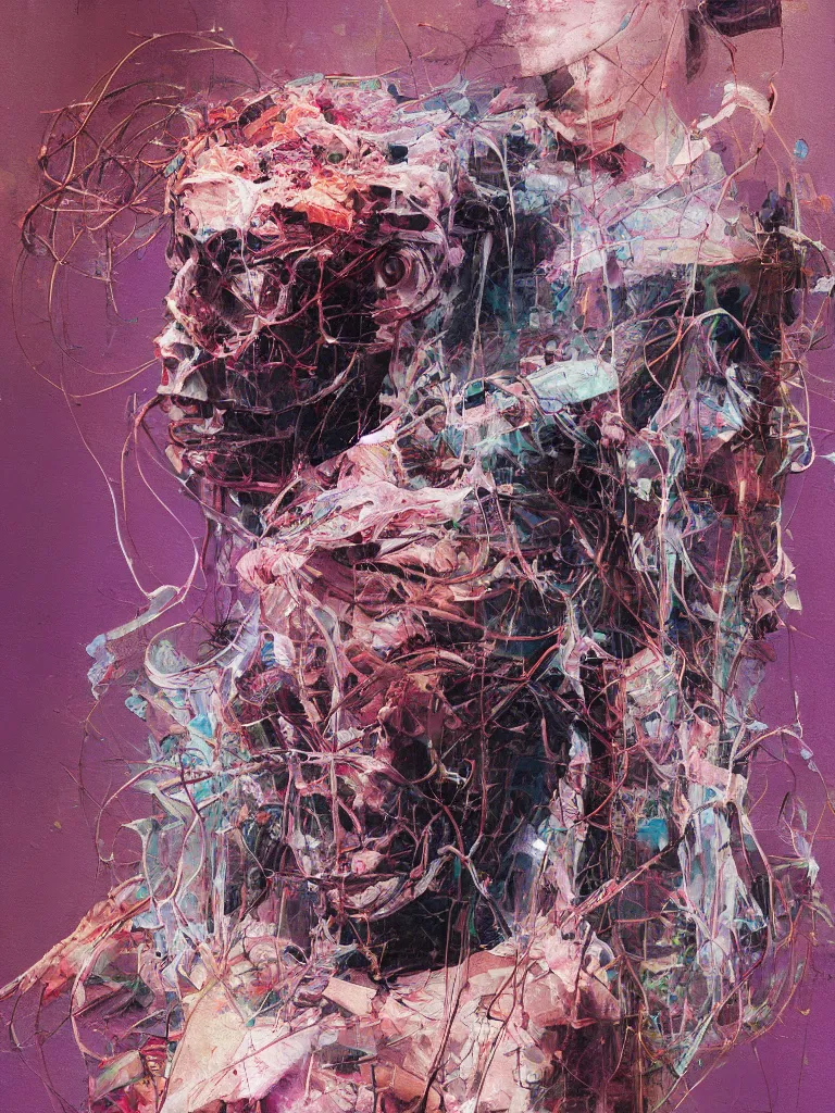 Image similar to a beautiful glitched painting by robert proch of a glitched anatomy study of the human nervous system, color bleeding, pixel sorting, copper oxide material, brushstrokes by jeremy mann, studio lighting, pastel purple background, square glitches