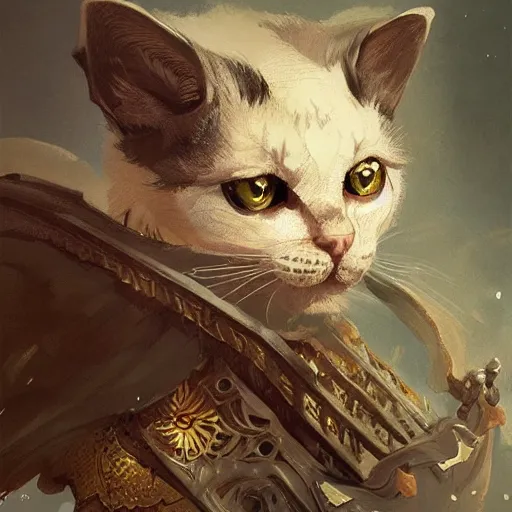 Image similar to A heraldic prince kitty cat with big cute eyes, D&D, fantasy, intricate, cinematic lighting, highly detailed, digital painting, artstation, concept art, smooth, sharp focus, illustration, art by Akihiko Yoshida, Greg Rutkowski and Alphonse Mucha