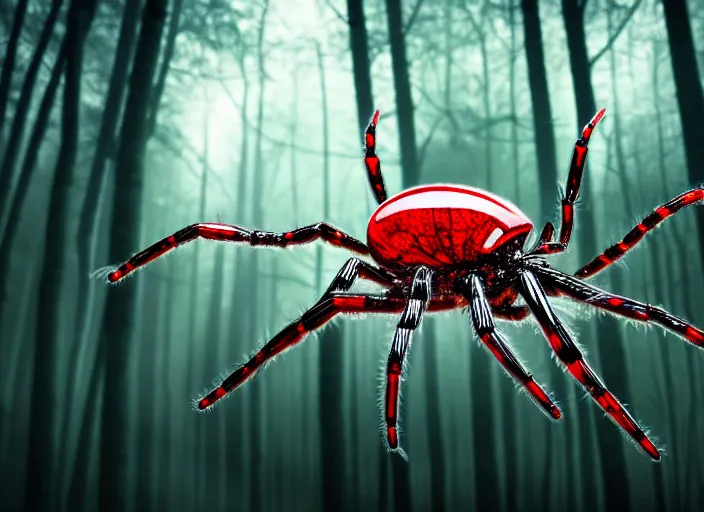 Prompt: white crystal clear spider with huge red eyes in a forest. highly detailed 8 k. intricate. lifelike. soft light. fantasy horror style. cinematic post - processing