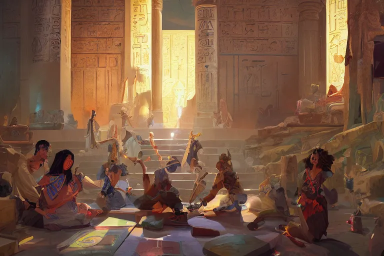 Prompt: energetic healing chamber watched over by the egyptian pantheon, tooth wu, dan mumford, beeple, wlop, rossdraws, james jean, marc simonetti, artstation giuseppe dangelico pino and michael garmash and rob rey and greg manchess and huang guangjian and makoto shinkai