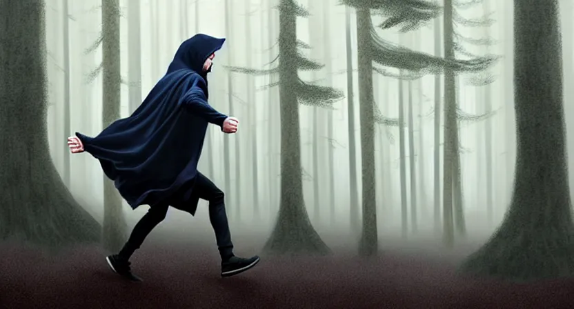 Image similar to handsome mage running away from giant tree, black hair wearing square hooded gothic navy cloak with gold details, misty forest, movie action still frame, ultra wide horizon, intricate, elegant, highly detailed, hyperrealism, digital painting, concept art, smooth, sharp, focus, illustration, art by artgerm, greg rutkowski, ilya kuvshinov