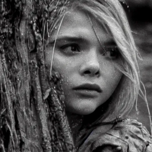 Image similar to film still, close up, chloe grace moretz rising out of muddy vietnam river, face covered in mud, low camera angle at water level, night time, film still from apocalypse now ( 1 9 7 9 ), 2 6 mm.