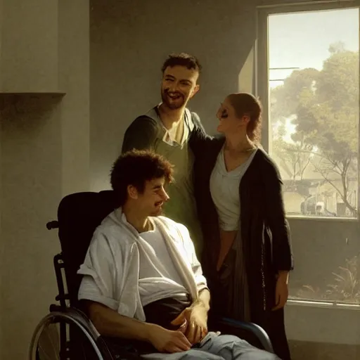 Image similar to a male patient in a wheelchair in the hospital with his wife and son standing by. happy, cheerful, smiling, intricate, face enhance, sharp focus, cinematic lighting, featured in artistation, 8 k, art by greg rutkowski, william adolphe bouguereau