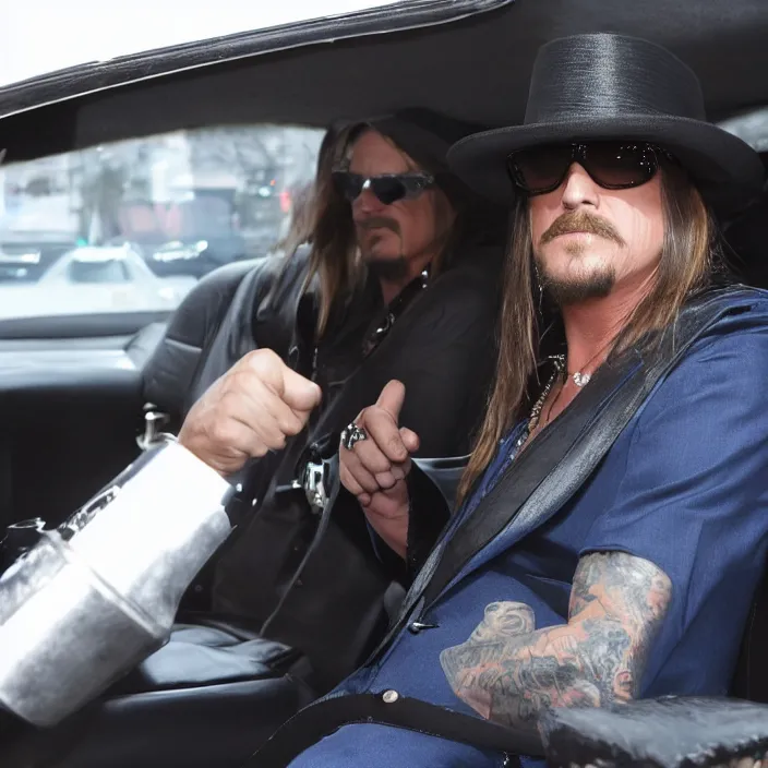 Image similar to highly detailed photograph of kid rock wearing a dress while driving in a limo with putin, movie still, 8 k,