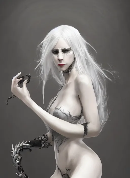 Image similar to a highly detailed illustration of white haired pale lady wearing black blindfold, dramatic standing pose, intricate, elegant, highly detailed, centered, digital painting, artstation, concept art, smooth, sharp focus, league of legends concept art, wlop