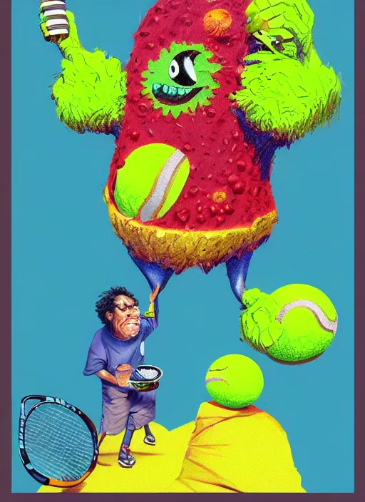 Image similar to good morning pancake and coffee monsters , a tennis ball monster ,tennis ball, colorful, digital art, fantasy, magic, trending on artstation, ultra detailed, professional illustration,chalk, poster artwork by Basil Gogos , clean