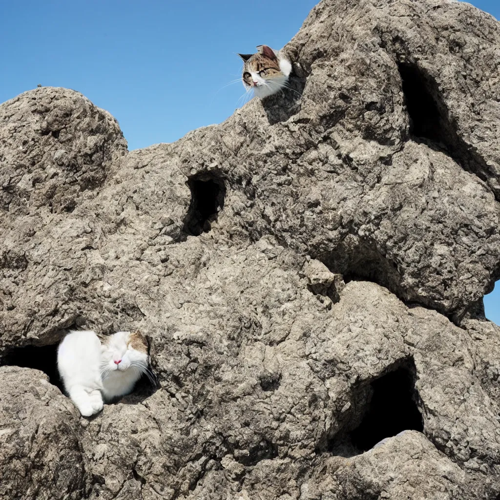 Prompt: a giant rock in the shape of a cat, the rock is in the sea, professional photo