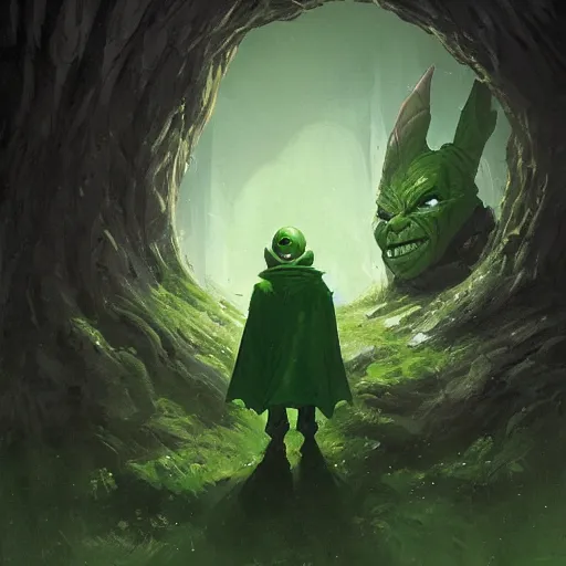 Image similar to cute green goblin with big ears, no hair, and round yellow eyes, wearing a traveler's cloak, looking down out of a tree, in the style of greg rutkowski