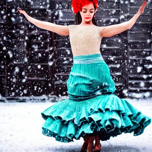 Image similar to beautiful woman dancing flamenco while snowing on snow