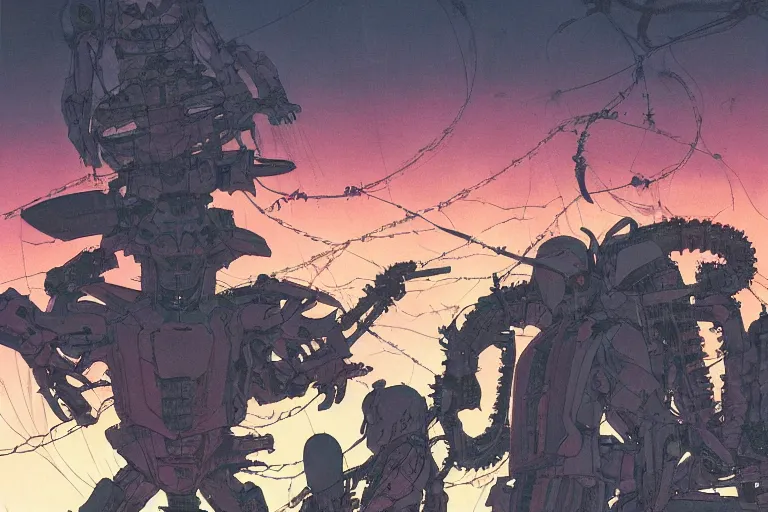 Image similar to boomers from bubblegum at dusk, a color illustration by tsutomu nihei, makoto kobayashi and sh? ji kawamori