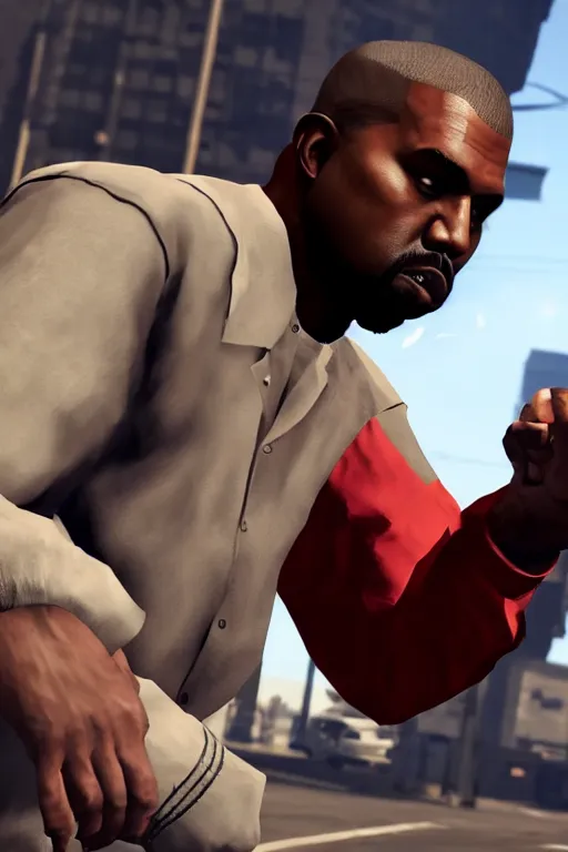 Image similar to kanye west having a fistfight with lester crest from gta v, gameplay, grand theft auto v, strong dramatic cinematic lighting, blood red sky, smooth, sharp focus, extremely detailed
