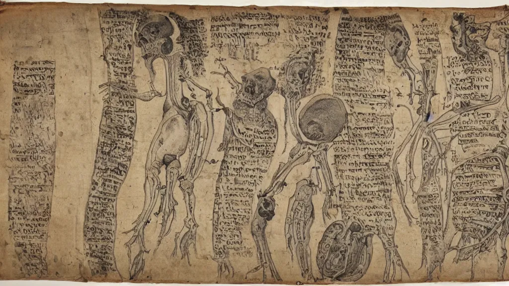 Prompt: 17th century scroll with illustrations of a human bone!, descriptions written in an alien language, clean layout on the page