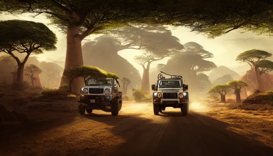 Image similar to mahindra thar driving through madagascar road with baobabs trees, animals running along, action scene, an epic fantasy, wide shot, artgerm, trending on artstation, masterpiece, by greg rutkowski, by ross tran, by fenghua zhong, octane, soft render, ultrarealistic, colorful, cinematic, shadow of the tomb rider