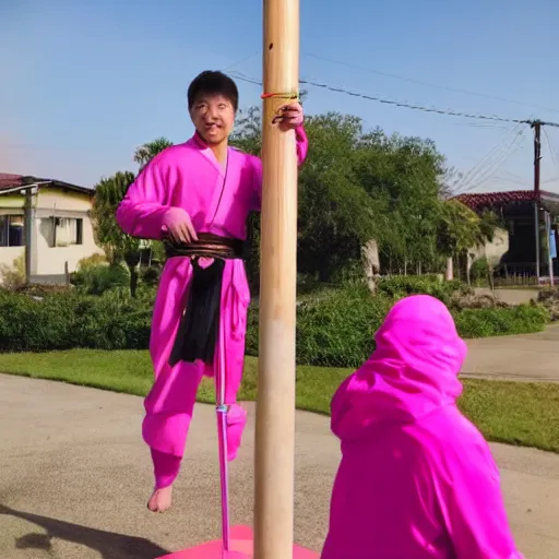 Image similar to a ninja with sword standing on a pole in neon pink clothes